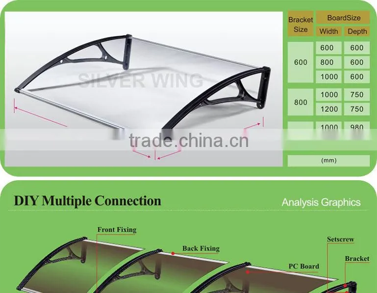 Wind resistant polycarbonate commercial awning wtih aluminum awning brackets arm for balcony