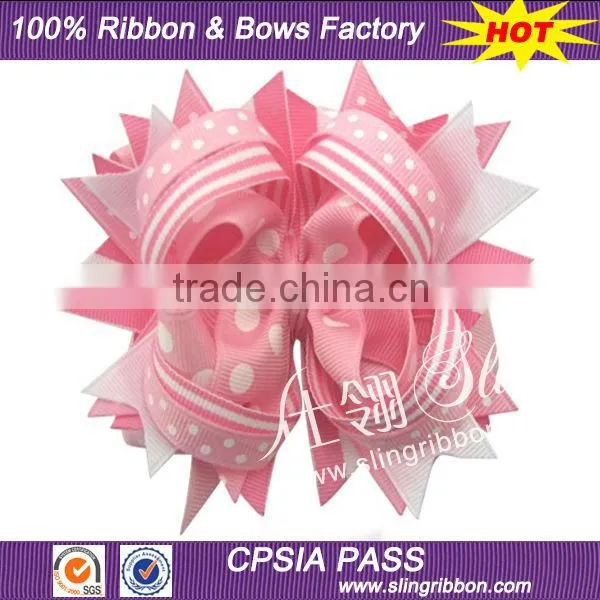 Light Pink Dot Printed Swallowtail Ribbon Girl Hair Bow With Clip