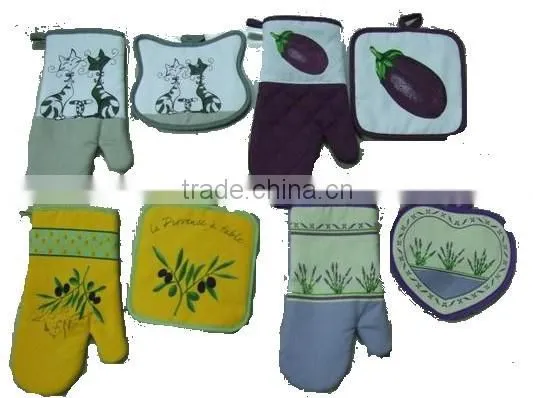 cotton twill material kitchen textile set silk screen printing oven mitten cat design shaped pot holder set