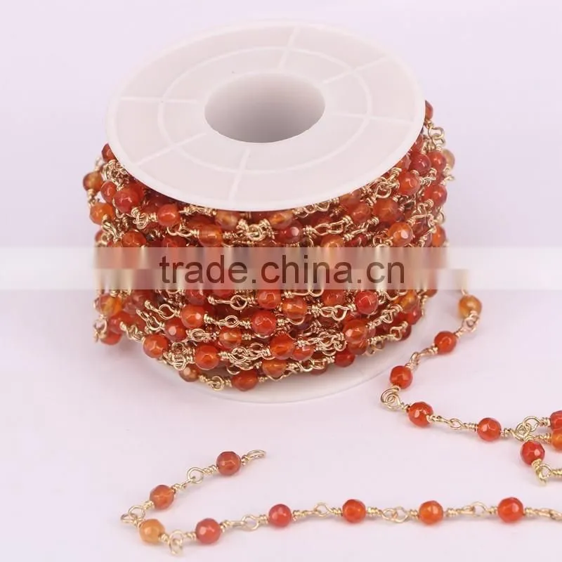 Wire Wrapped Beaded Chains Gold Plated Rosary Chain Red Agate Color Faceted Crystal Beads 4mm Jewelry Making