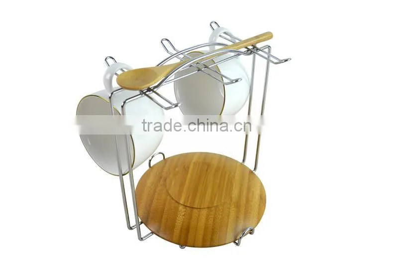 DT031/ Stainless Steel Holder,Ceramic cup,Bamboo Plate and Spoon Coffee & Tea Set