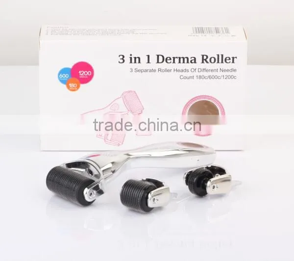 Beauty Supply 3 in 1 Derma Roller with 3 Separate Roller Heads 180 600 1200 Derma Roller for Eyes,Face, Body Dermaroller System