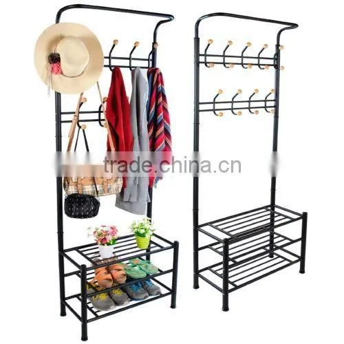 Metal Coat Shoes Storage Shelf Stand Hats Hanger Hook Clothes Rack