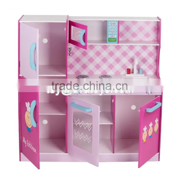 New style big size lovely pink girls toys wooden girls play kitchen W10C276