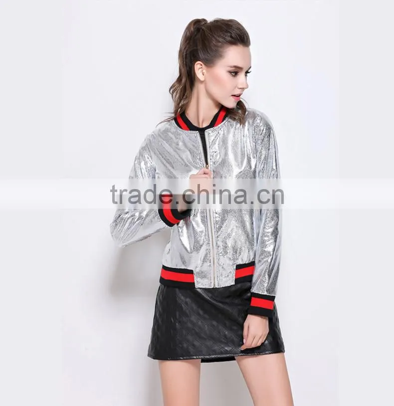 Outerwear Top Autumn High Quality Runway Coats Fashion Stand High Collar Baseball Uniform Silver PU Bomber Jacket Coat
