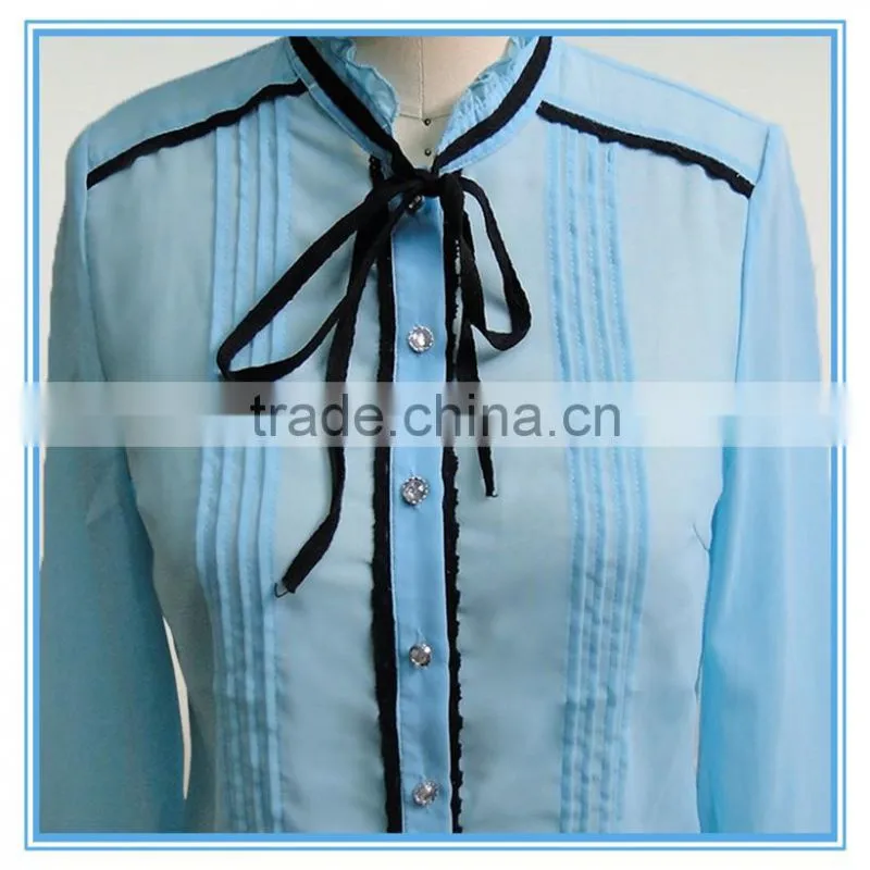 New Model Dri Fit Chiffon Blouse Sky Blue Color Long Sleeve Shirts Wholesale
