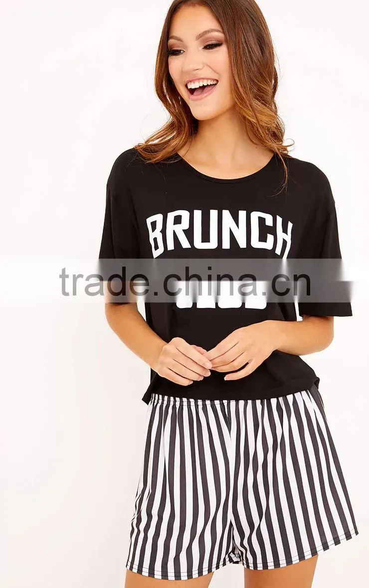 Top Selling Women Cotton Pajamas Custom Logo Print Summer Pyjama Short Sleeve Top With Stripes Shorts