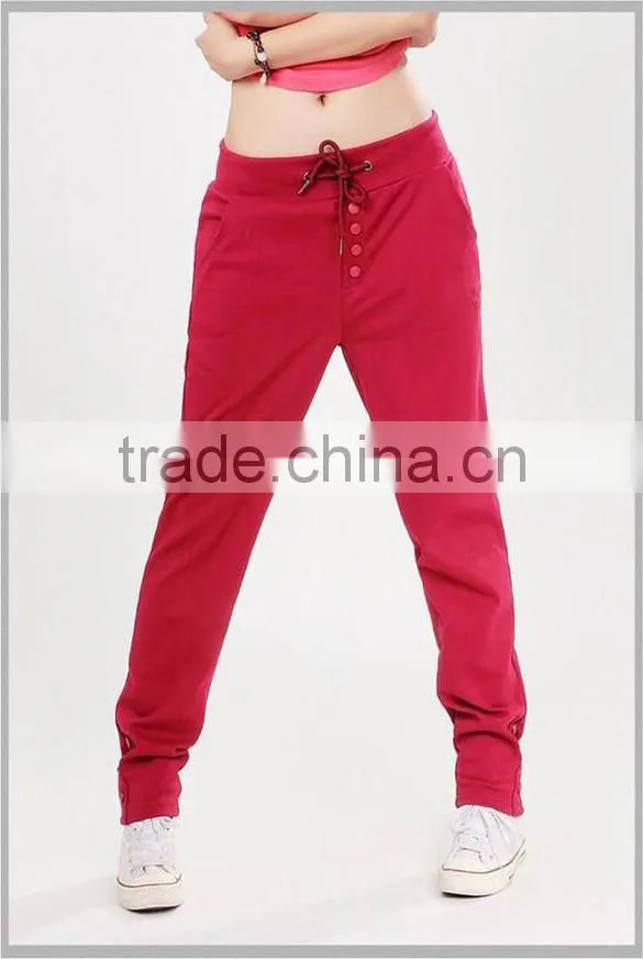 100%Cotton Womens Summer Casual Long Sports Pants with Drawstring & Button Design