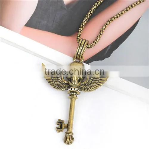 Jewelry Chain Necklace Key Skull Halloween Pendant Antique Bronze Clear Cubic Zirconia 69cm