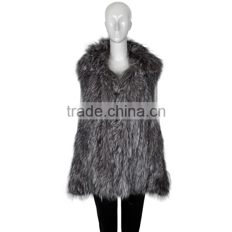 YR620 Top Quality Fashion Fur Women Silver Fox Fur Knit Waistcoat