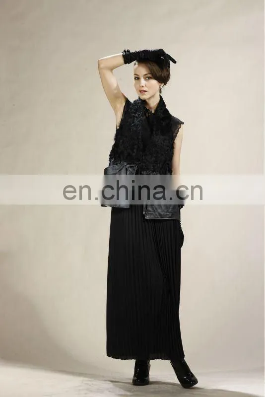Black Lamb Fur Fashion Women Gilet With Real Lamb Lether Trim New Fashion Women Real Fur Gilet STY.NO. 5003#