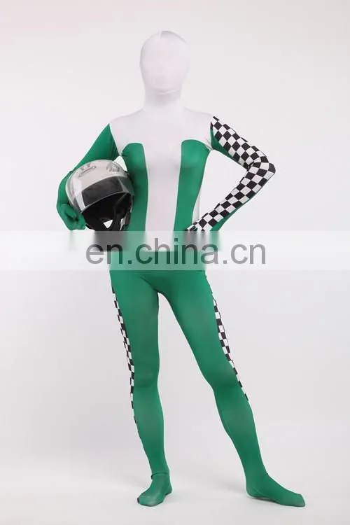 Green & White Racing Car Driver Full Body Spandex Cosplay Costume Zentai Suit