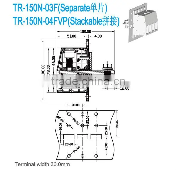 Through Panel Terminal Block Pitch 30.00mm 600V 285A High Current