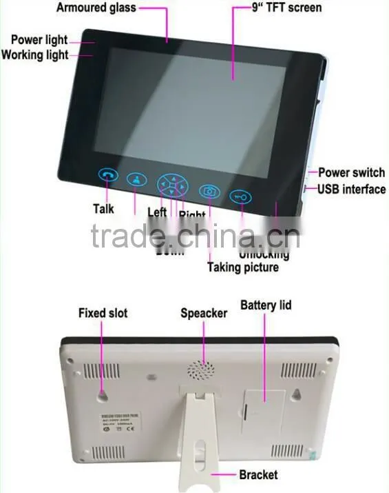 Hot selling 9''color wireless video door bell,alarm video intercom doorbell,wireless unlocking