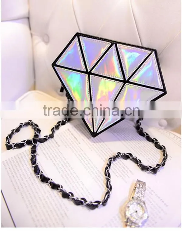 Popular diamond shaped evening bag shining pu chain bag