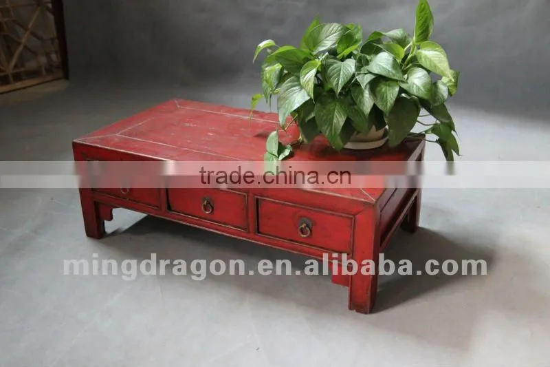 Chinese antique furniture pine wood Shanxi red three drawer small coffee table