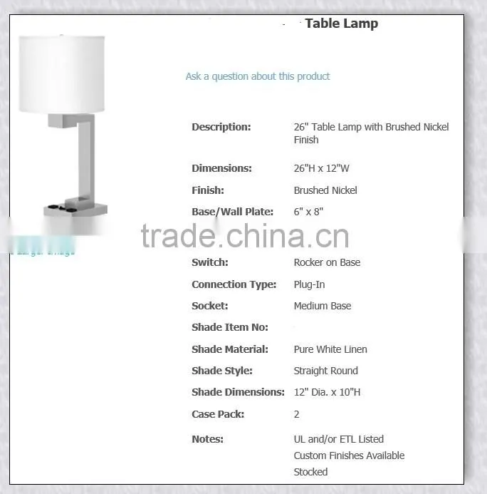 UL Approved Hotel Room 26"desk lamp with brushed Nickel Finish XC-H052