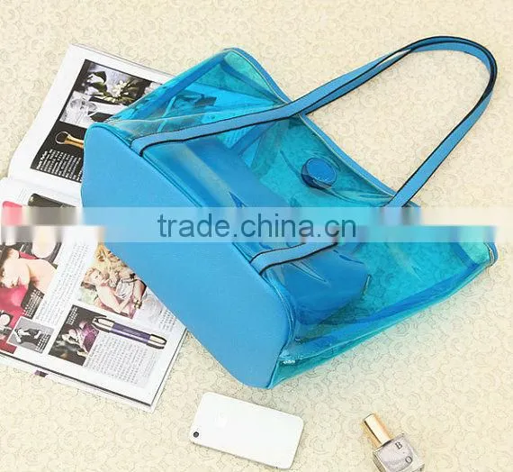 Transparent style 2 in One Women Leather Bags Handbag Clutch Tote Shoulder Bag . PVC beach bags orange