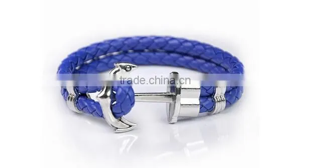>>New arrival SW16490 braided leather anchor bracelet/