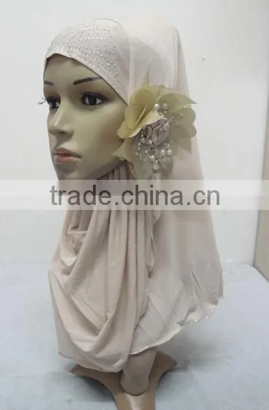 H289 latest one piece instant hijab with flower and rhinestones