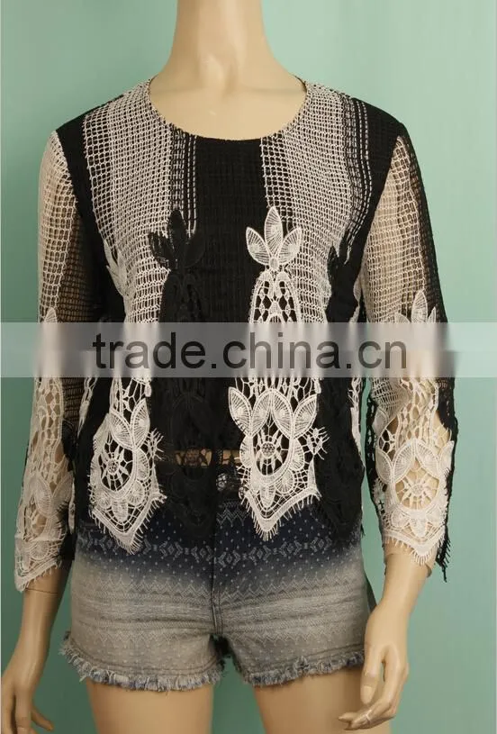 2016 classical net design long sleeve ladies fashion floral pattern embroidered cotton blouse