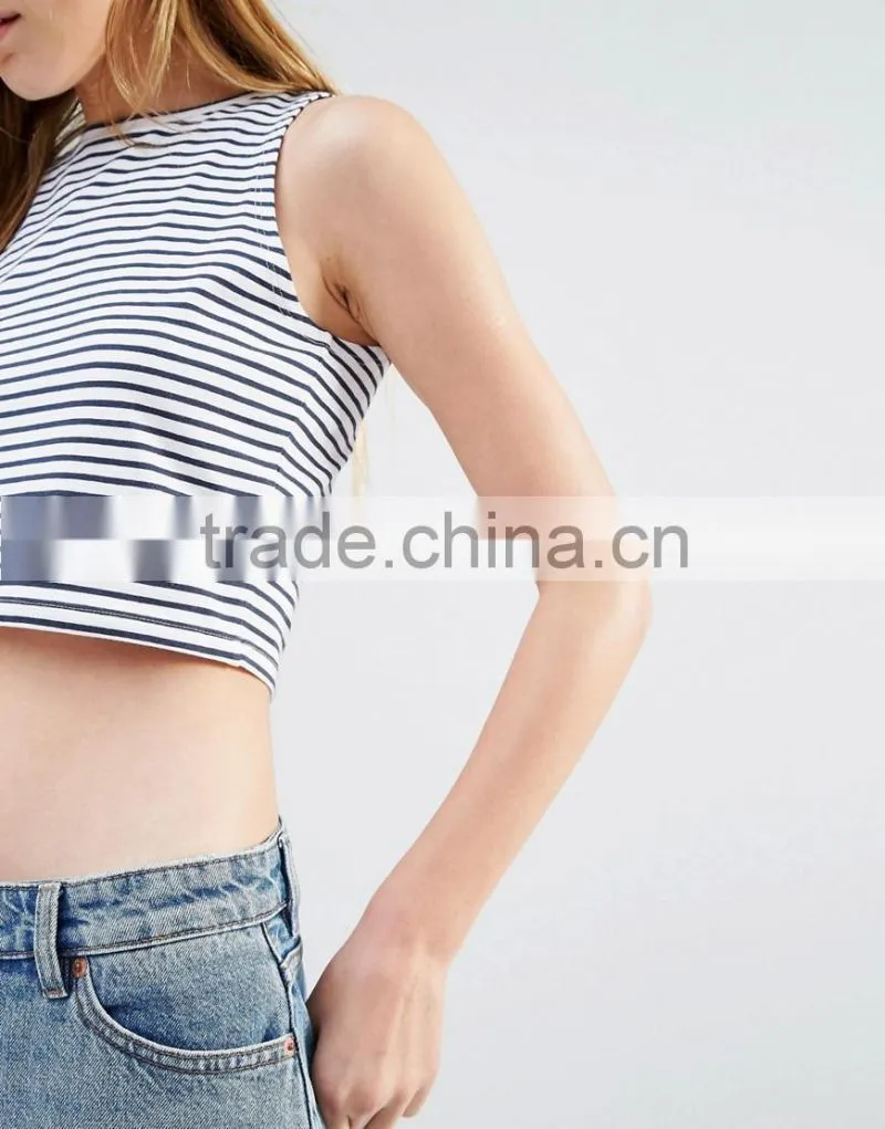 Custom label new fashion ladies tops sleeveless stripe crop top ladies