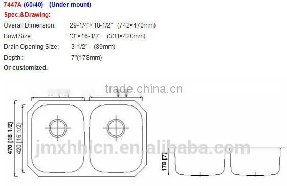 Double Bowl Shape 7447A Jiangmen Manufacturer Stainless Steel Undermount Utility Sink for Kitchen Countertop