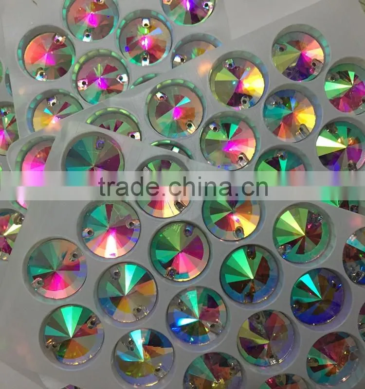 nice small box packing 14mm revoli round shape crystal AB sew on crystal stone with hole for designing clothing