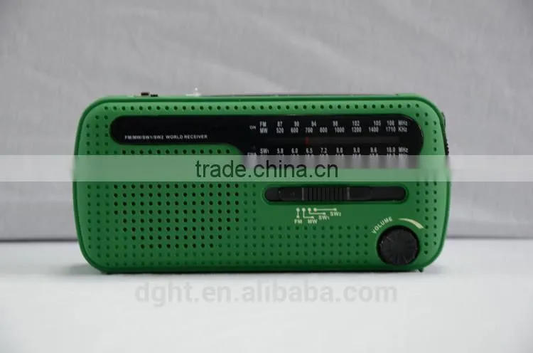 Design solar emergency radio, hand crank to wind up, flashlight, phone charger, green