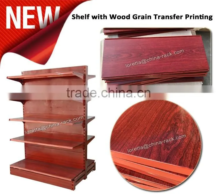 Wooden Grain Printed Supermarket Stainless Steel Grocery Shelf