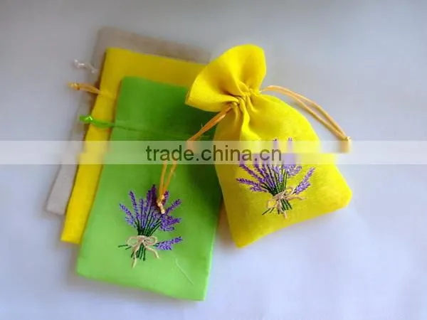Lavender design embroidery handmade small mini cotton linen sachet bags gift bags jewelry bags with silk ribbon