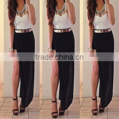 Women Summer Fashion Sexy Chiffon Sheer Irregular Side Split Long Skirt Evening Party Skirt