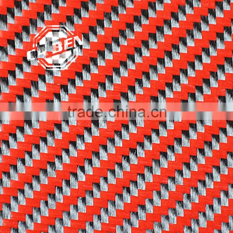 hgih end 3k twill weave pure aramid fiber fabric black and red hybird cloths for sale