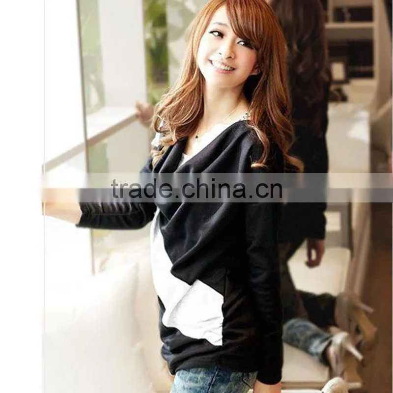Fashion Women 2015 Clothes Spring Bat Sleeve Stitching Long Sleeves T-shirts Patchwork Stripe Casual Tops Blouses
