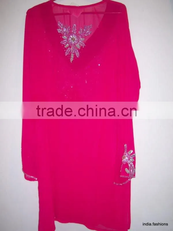 PINK GEORGETTE kurta TUNIC BLOUSE SHIRT Embroidered BOLLYWOOD kaftan cover up