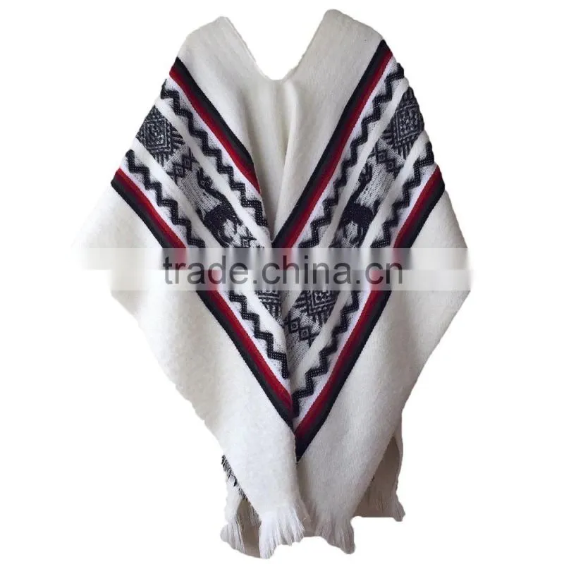 3/4 sleeve super soft warm Geometric pattern 100% llama wool poncho