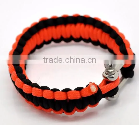 Orange Red Nylon 550 Cord Stainless Steel Shackle Survival Bracelet