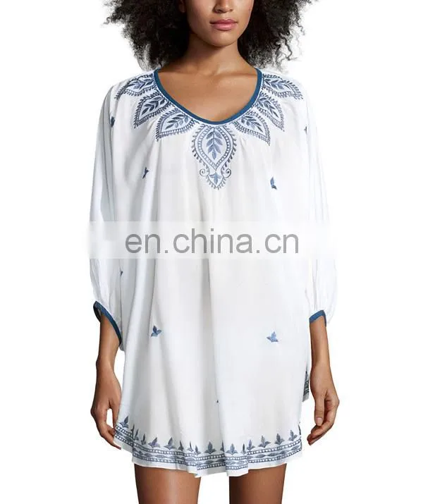 CHEFON Long sleeve vintage women white cotton embroidery blouses