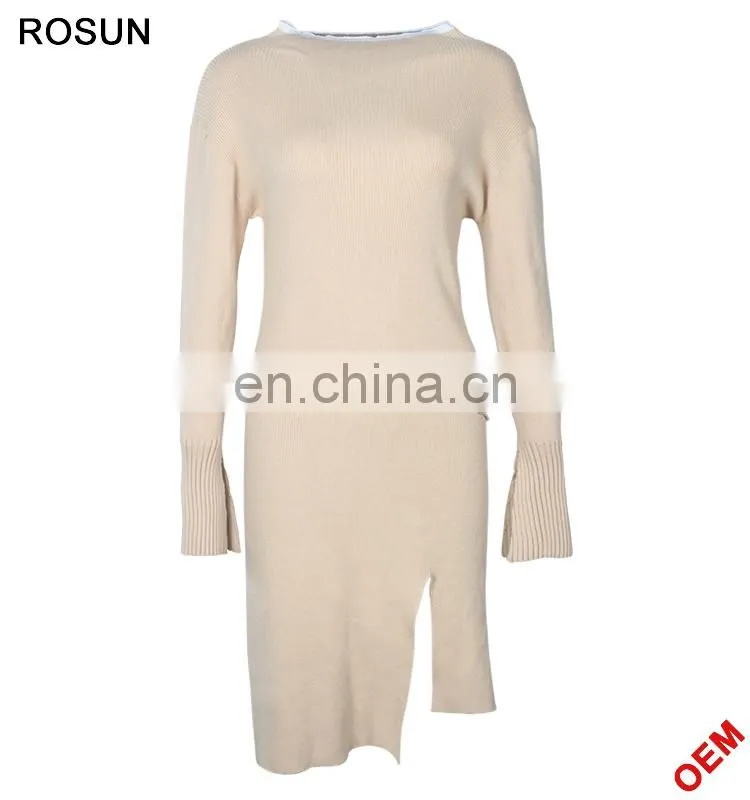 Ladies Cream Bottom Sleeves Cuffs Split Ruffle Dress Sweater