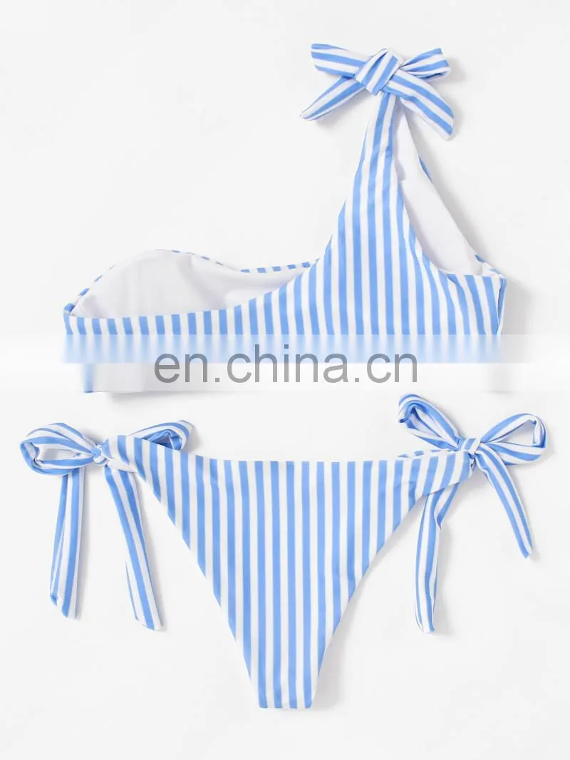 Tie Side One Shoulder Striped Bikini Set