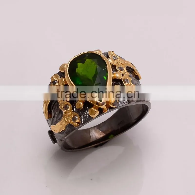 925 SOLID STERLING FINE SILVER PERIDOT RING BLACK & GOLD RHODIUM