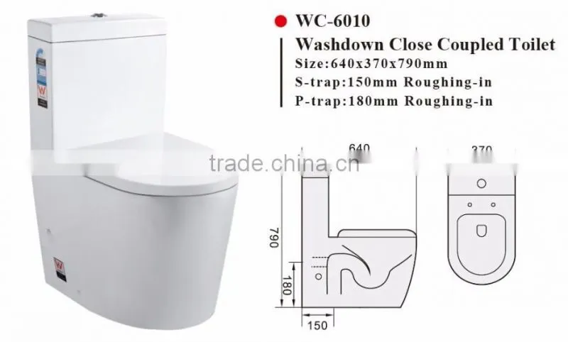 Two-Piece Washdown Watermark Toilet S/P Trap with Geberit or R&T Flush Valve Soft Closing Cover, Australian WELS WC-6010