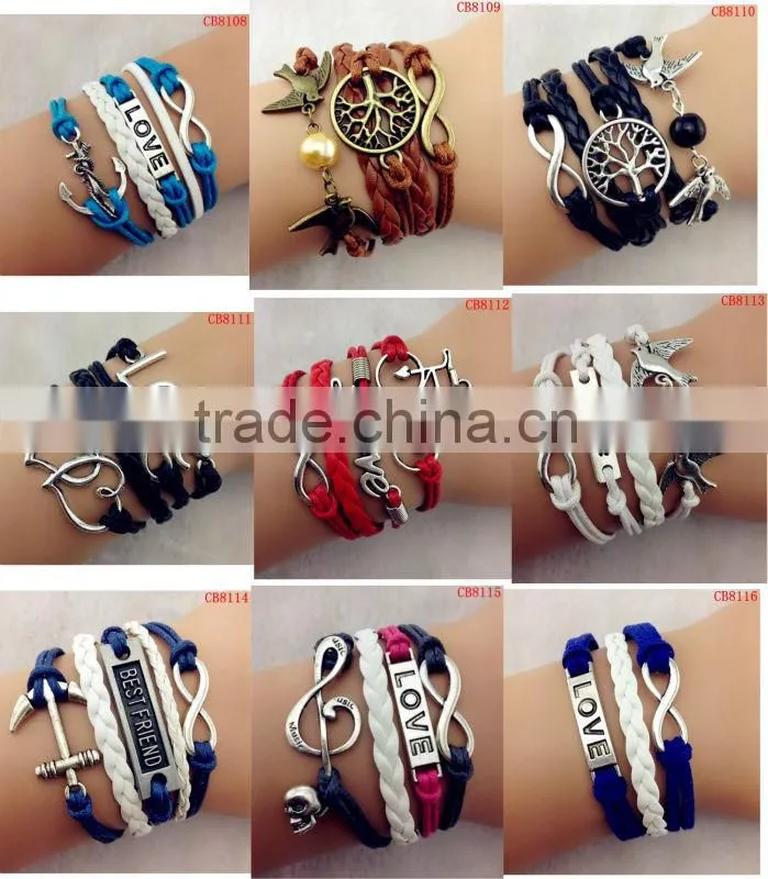 CB8172 pink wax rope anchor sliver leather bracelet wedding decoration