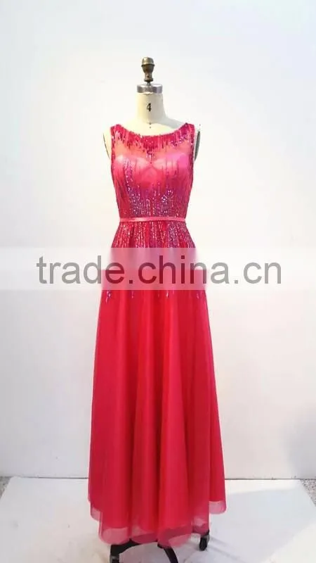 Red Sleeveless Chaozhou Beaded Long Evening Dress