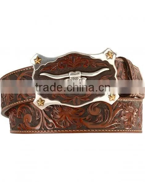 Western cowboy style floral emboss black genuine leather longhorn buckle belt