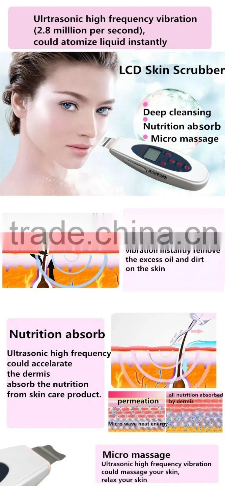 Professional home washing mini type ultrasonic skin scrubber for facial cleaning