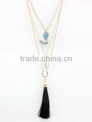 Layered necklace four layered turquoise tassel necklace set