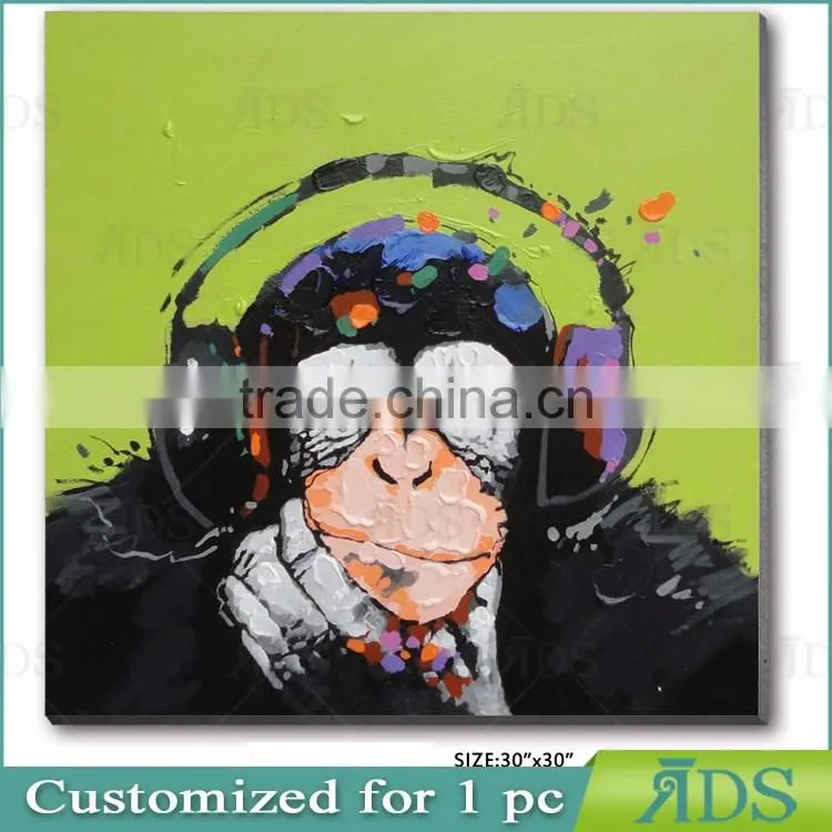 Amazon Best Sellers Hand Painted Oil Painting on Canvas Pop Art Cool Ape Listening Music with Headphone Framed Ready to Hang