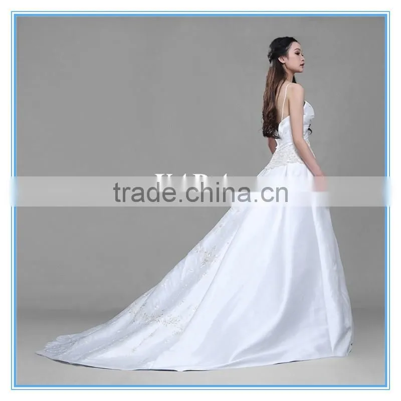 Custom Made Spaghetti Strap Douppioni Hand Embroidery and Beaded A Line Wedding Dress