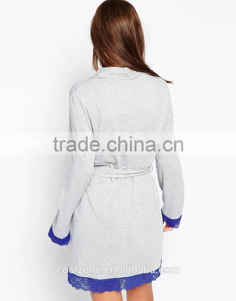 Open front design lightweight bath robe,women lace trim robe with self-tie belt